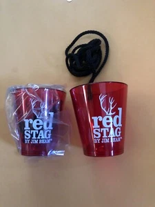 4- Red Stag By Jim Beam Shot Glasses Red Plastic with Lanyard - Picture 1 of 9