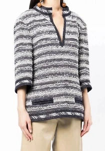 Rare!! CHANEL Top Blouse Navy White Striped Tweed Keyhole Pocket Authentic - Picture 1 of 24