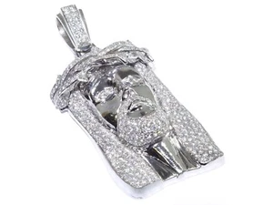 14k White Gold 11ct Round Cut Prong Set White Diamond Crown Jesus Pendant - Picture 1 of 9