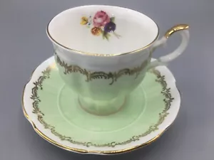 Vtg Crown Staffordshire Bone China Footed Teacup & Saucer Green Floral England - Picture 1 of 18