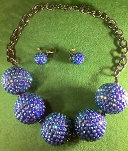 Aurora Borealis Blue Disco Balls Necklace & Clip-on Earrings Set - Picture 1 of 8