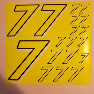 #7's Fluorescent Yellow w/Wh.-Black Racing Numbers Vinyl Decal Sheet 1/10-1/12 - Image 1 of 4