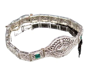 14K GOLD Vintage Openwork Genuine Diamonds & Green Stone Bracelet GBR072 - Picture 1 of 8