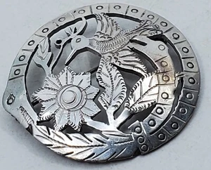 VINTAGE STERLING SILVER .925 PERU PIN BROOCH/ CiIRCLE BIRD FLOWER J18 - Picture 1 of 11