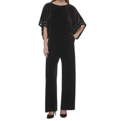 Mono de terciopelo Jessica Howard para mujer talla grande negro pierna ancha mangas 3/4 Foto 1 de 4