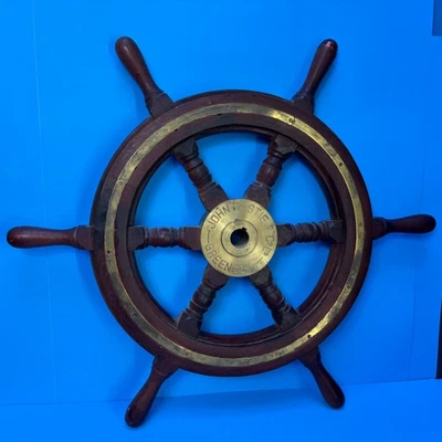 VTG John Hastie & Co Mahogany & Brass Bound 24" Ship Wheel - Greenock, Scotland - Image 1 of 4