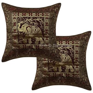 Ethnic Cotton Brocade Jacquard Pillow Cases 16 x 16 Elephant Cushion Covers 2 Pc - Picture 1 of 3