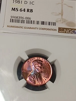 👉 1981-D - STUNNING EYE- APPEAL TONING -Lincoln Memorial Cent   NGC MS64  RB  - Image 1 of 4
