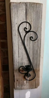 Primitive Barn Board Recycled  Wood and Wrought Iron Candle Holder - Image 1 of 4