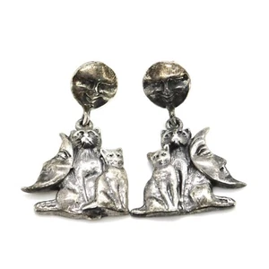 Vintage 925 Sterling Silver Kitten Cats & Moons Dangle Earrings - Picture 1 of 7