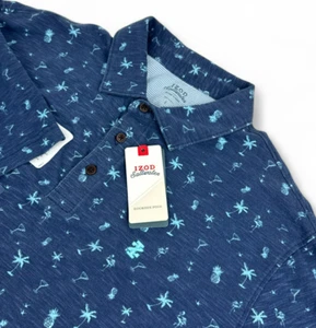 Izod Saltwater Men's Polo Shirt L Cotton Blue Pineapple Palm Trees Short Sleeves - Picture 1 of 7