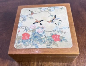 Bird And Flowers Floral Wooden Lacquer Box Roses Floral Branches Coasters~3 - Picture 1 of 8
