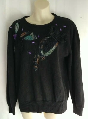 Suéter pulôver aconchegante vintage retrô anos 80 Carducci preto/roxo mistura de lã tamanho M - Imagem 1 de 4