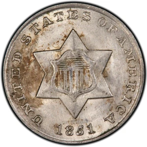 1851 3cS PCGS MS 63 RPD FS-302 ~LOW POP THREE CENT SILVER REPUNCHED DATE VARIETY - Picture 1 of 4