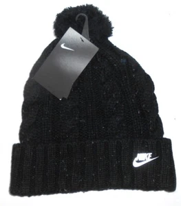 NOS Nike Women's Cable Knit Cuffed Metal Logo Removeable POM Beanie Hat S235 - Picture 1 of 1