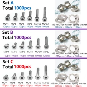 1000pcs M2 304 Stainless Steel Allen Screw Bolt With Hex Nuts Washers Assortment - Picture 1 of 1