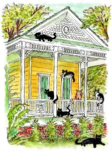 Gatos en Nueva Orleans, casa de Nueva Orleans, estampado artístico de gatos, casa victoriana, gatos - Imagen 1 de 2