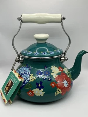 NWT Pioneer Woman Dazzling Dahlia 2 Quart Tea Enamel Kettle Floral Teal - Image 1 of 4