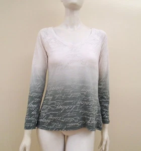 Ideology Size XS White Charcoal Ombre Dip Cotton Blend V-Neck Long Sleeve Top - Picture 1 of 8
