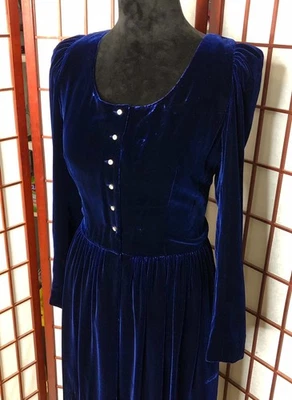 Vtg 1980’s Liz Claiborne Blue Velvet Puff Sleeves Rhinestone Buttons Dress Sz 14 - Image 1 of 4