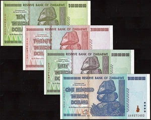 ZIMBABWE SET 4 PCS 10 20 50 100 Trillion Dollars 2008 P-88 89 90 91 UNC - Picture 1 of 6