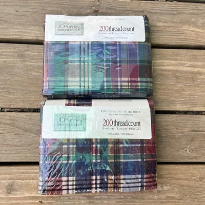 JCPenny Vintage NWT Home Collection King Fitted And Flat Sheet Plaid - Image 1 of 4