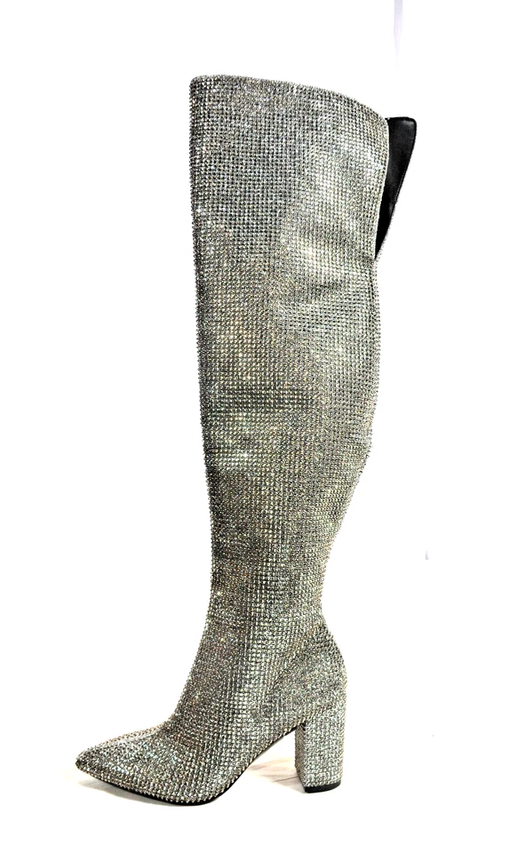 NUEVO CON ETIQUETAS $179 Gianni Bini Queen-Bee Talla 6M 6 Plata Estrás Botas Sobre la Rodilla Foto 1 de 4