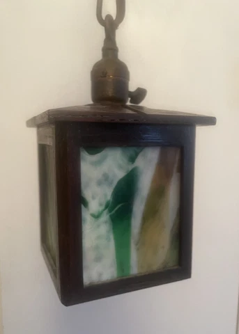 Antique Mission Arts Crafts Hanging Lamp Light Fixture Green Swirled Slag Glass Cover