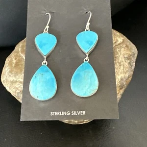Blue Kingman Turquoise Navajo Sterling Silver Dangle Earrings 15108 - Picture 1 of 12