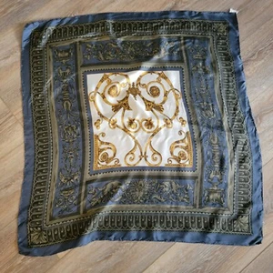 VTG Triangle Brand 100% Silk Scarf Square Floral Navy gold White Paisley Border - Picture 1 of 5