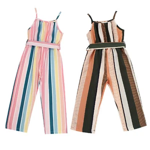 Kid Girls Romper Casual Overalls Leisure Jumpsuit Spaghetti Strap Striped Belt - Picture 1 of 29