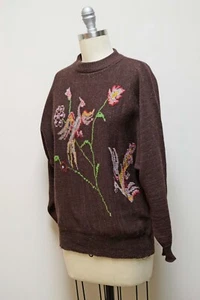 Vintage Heathered Brown Crew Neck Dolman Pullover Sweater w Duplicate Stitch S/M - Picture 1 of 7