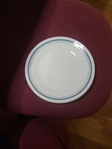 Corelle INDIGO 6 3/4" Bread & Butter Plates (4) White w. Blue & Gray Band * - Picture 1 of 2