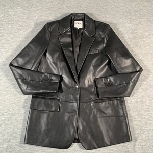 Zara Blazer Womens XS Black Faux Leather Single Button Jacket Modern Pocket Chic - Picture 1 of 10