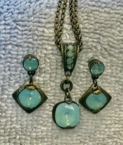 KENNY MA SET of Necklace Earrings Ocean Pacific Stones in Antique Metal Look - Picture 1 of 5