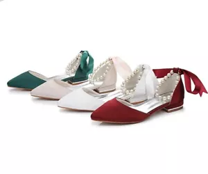 Braut Hochzeit Flach Schuhe Perlen Spitz Sandalen Bequeme Damen Party Schuhe Neu - Bild 1 von 32