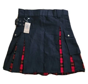 Modern Hybrid Black Cotton & Wallace Tartan Utility Kilt for Men With Brand Embr - Picture 1 of 11
