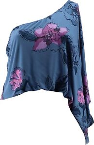 Brittany Humble One-Shoulder Drape Top Chambray Floral 2X # 754-105