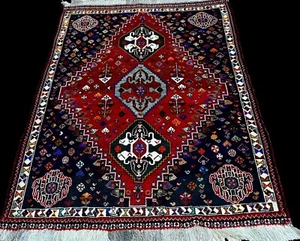 Authentic Wool Area Rug Qashqai Hand Knotted Red Gray Multicolor Geometric 4x5’ - Picture 1 of 17