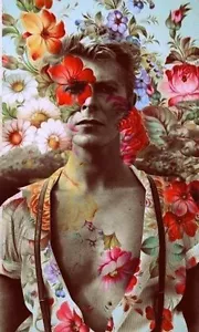 Handmade 7x10 David Bowie with Flower Fan Art Collage Cotton Fabric Block - Picture 1 of 1