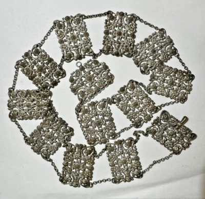 Cinto antigo vitoriano floral gravado Repousse Chantelaine prata t fivela 30,5" - Imagem 1 de 4