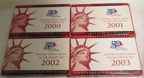 2000 to 2003 Silver Proof Set U.S. Mint Box and COA  4 Sets With Silver Quarters Cover