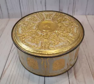 Vintage Tin Container Large Round By Guildcraft New York USA Gold sewing box 10" - Picture 1 of 10