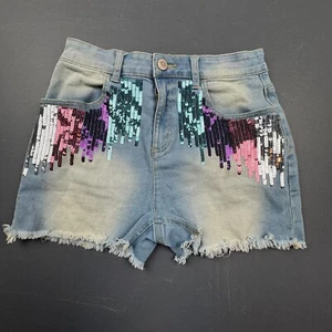 Justice Denim Shorts Girls 18 High Rise Sequin Fringe Distressed Jean Cutoff - Picture 1 of 9