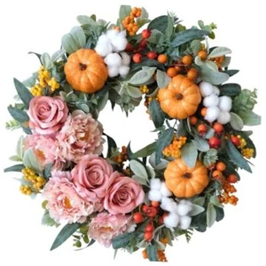 Fall Wreaths for Front Door, 22 inch Autumn Wreath with Pink Rose Pumpkin - Picture 1 of 7