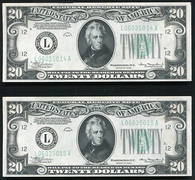 (2) CONSECUTIVE FR 2054-L 1934 $20 FRN FEDERAL RESERVE NOTES UNCIRCULATED - Image 1 of 2