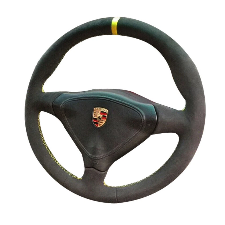 Black Suede Leather Steering Yellow Stitch Wheel Wrap Cover For Porsche Carrera - Image 1 of 4