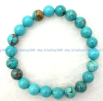 Modeschmuck 8mm Blau Türkis Edelstein Runde Perlen Elastisches Armband 19cm - Bild 1 von 4