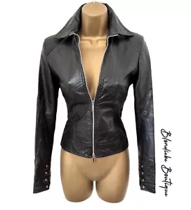 Karen Millen Größe UK 8 VINTAGE SCHWARZ WEICHES LEDER BIKER TAILLIERT JACKE - Bild 1 von 8