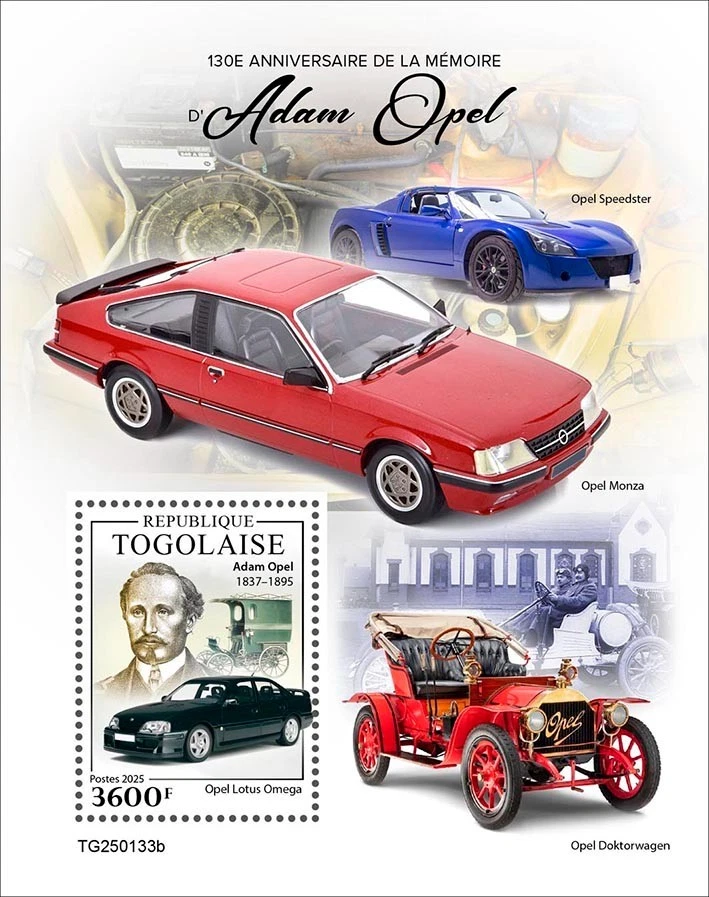 Adam Opel 130th Memorial Anniversary Cars MNH Stamps 2025 Togo S/S - Image 1 of 1